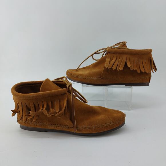 Minnetonka Moccasins Suede Booties Fringe Lace Up Sz 9.5 Boho Western - Picture 2 of 12